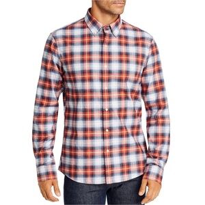 Michael Kors Plaid Size Large Slim Fit 100% Cotton Orange, Brown and White